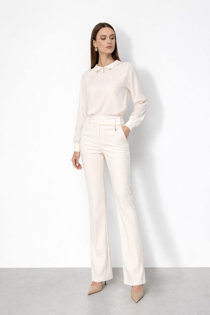 EKOL Metal Aksesuarlı İspanyol Paça Pantolon 4044 - EKRU