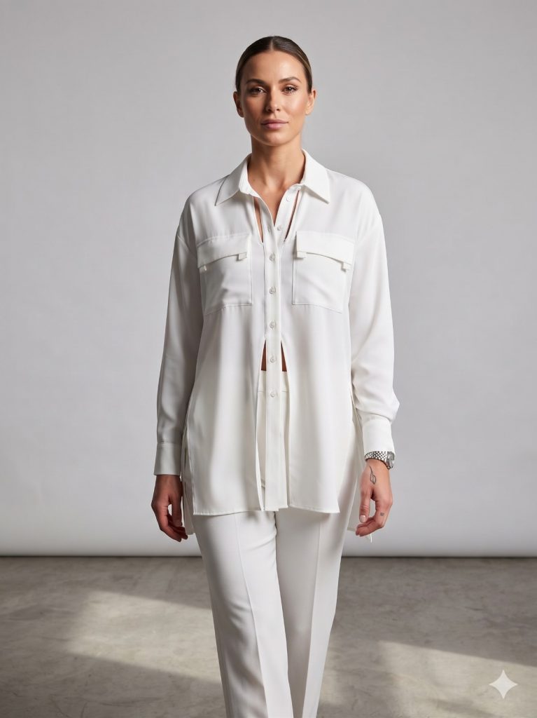 ALBA CHEEYA Göğüs Dekolteli Kapak Cepli Gömlek 6601 - EKRU