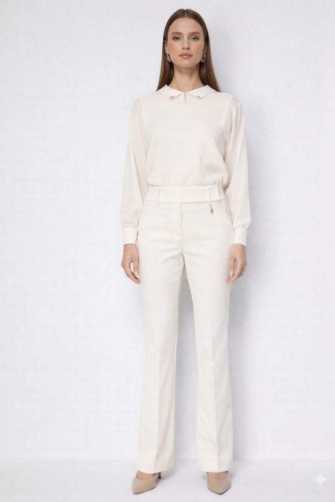EKOL Metal Aksesuarlı İspanyol Paça Pantolon 4044 - EKRU