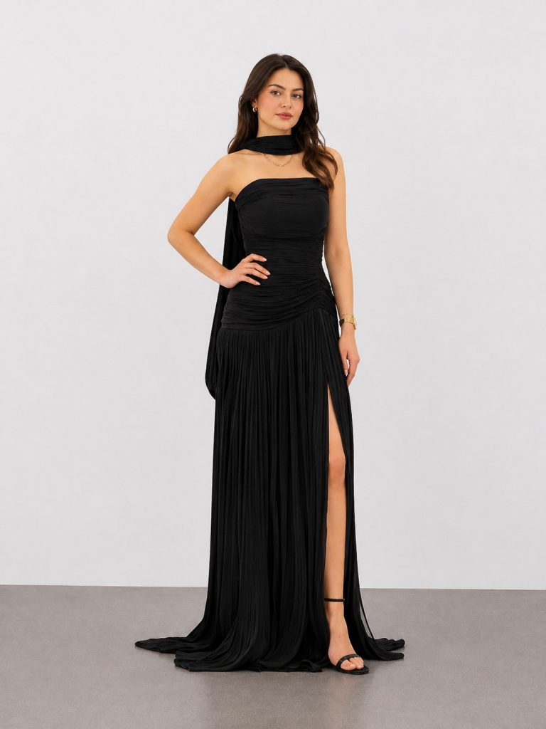 FOR COSTUME Straplez Boyun Deatylı Abiye Elbise 10400 - Siyah