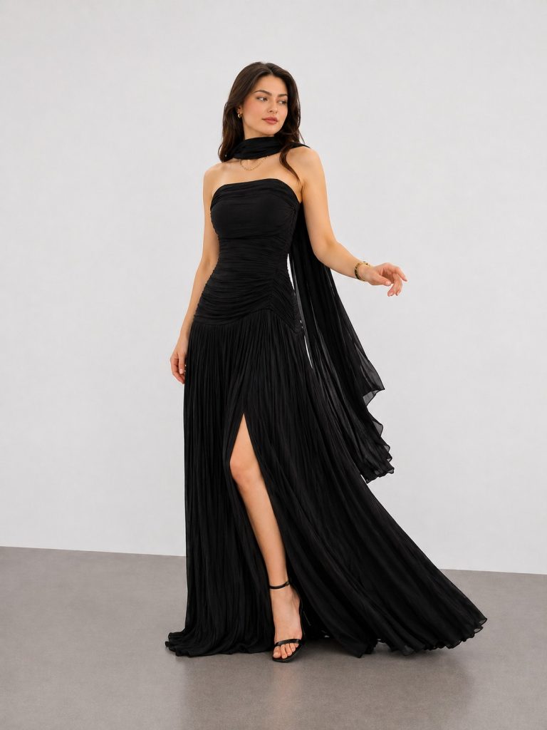 FOR COSTUME Straplez Boyun Deatylı Abiye Elbise 10400 - Siyah