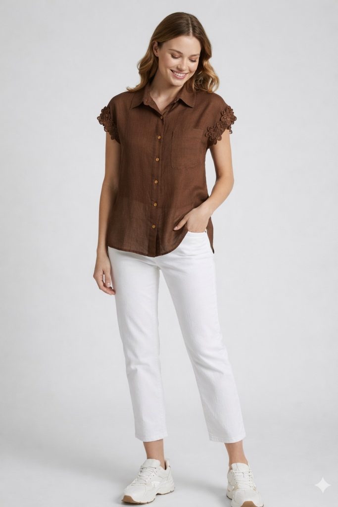 FEVER Kolları Çiçekli Bluz 7023 - kahve