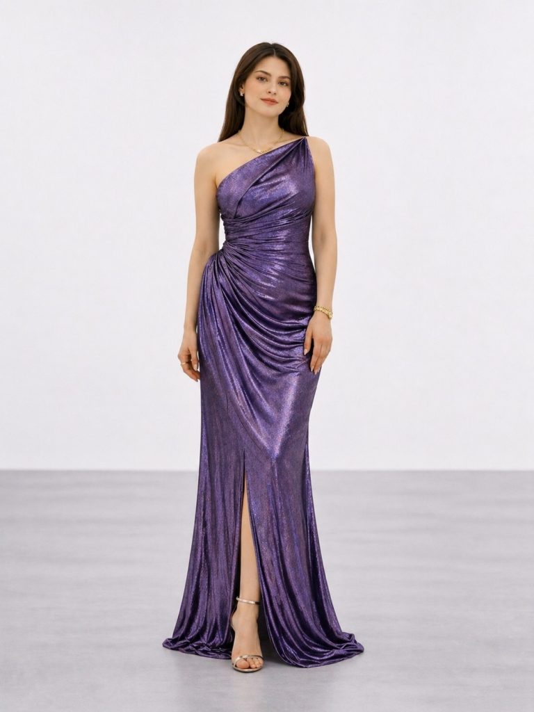 FOR COSTUME Bronz Metalik Görünümlü Tek Omuz Drapeli Abiye 10370 - Mor