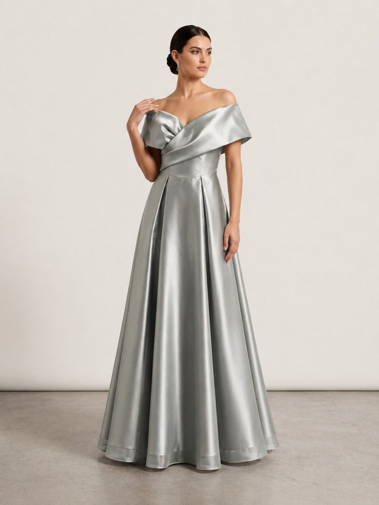 ŞEREF VURAL "Kadın Pudra Düşük Omuz Kruvaze Detaylı Saten Abiye Elbise" 8415 - HAKİ