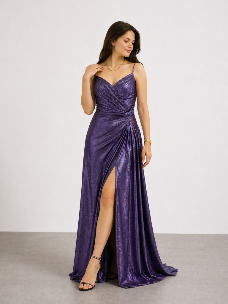 FOR COSTUME Yırtmaç Detaylı Abiye Elbise 10032 - Mor