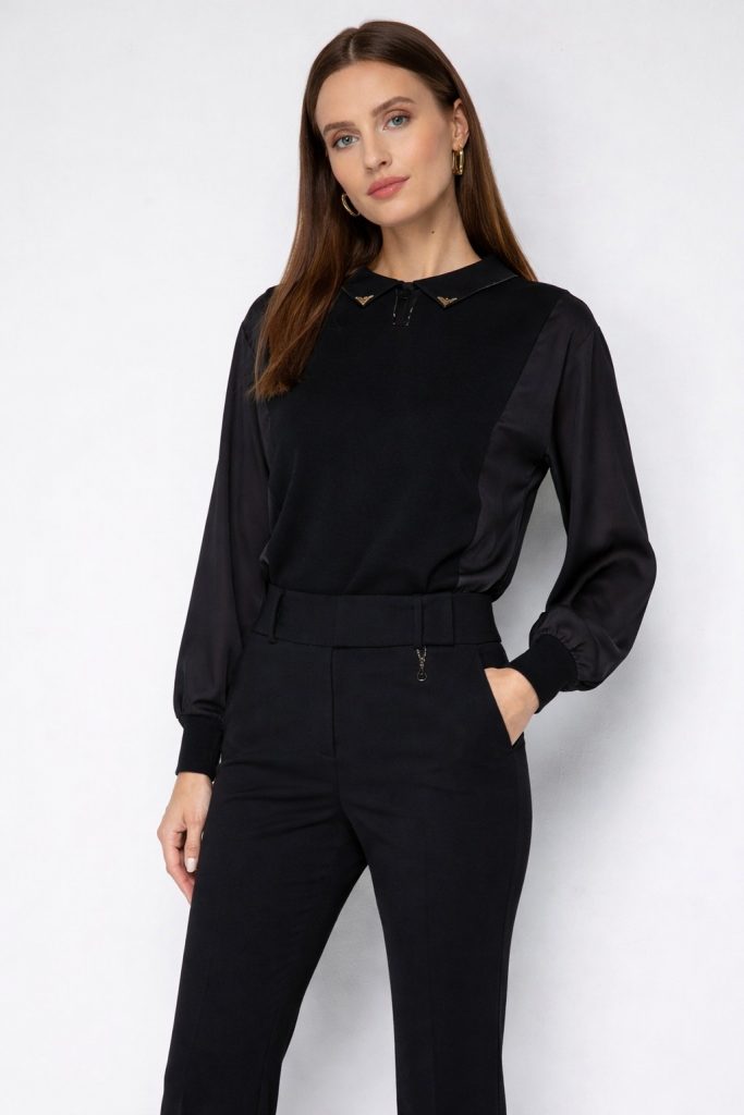 EKOL Metal Aksesuarlı İspanyol Paça Pantolon 4044 - Siyah