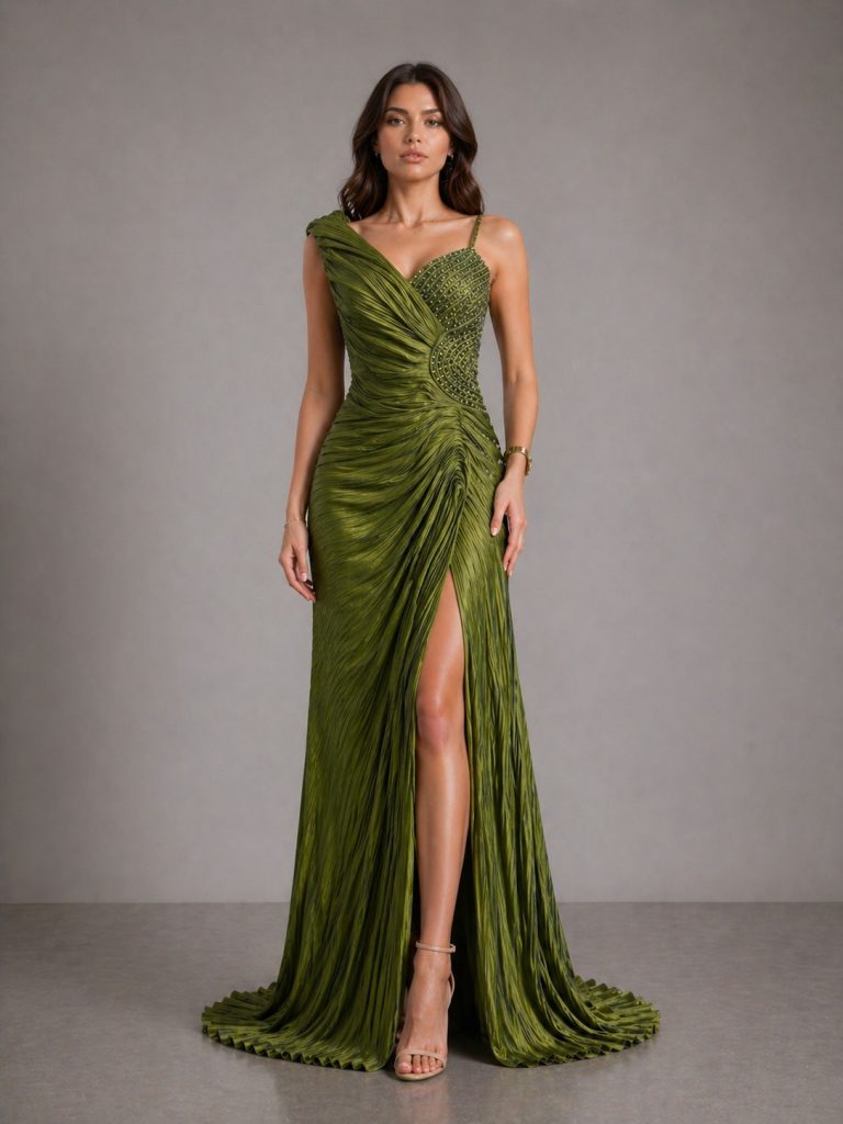 FOR COSTUME Gümüş Işıltılı Drapeli Abiye 10192 - HAKİ