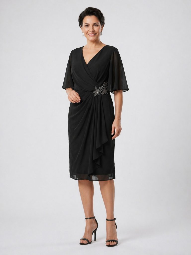 CENTİLMEN Kruvaze Yaka Drapeli Midi Elbise 40384 - Siyah