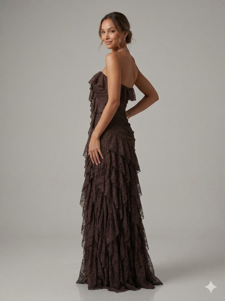 FOR COSTUME Işıltılı Asimetrik Fırfırlı Abiye 10429 - kahve