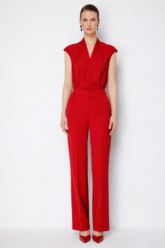 EKOL Yüksel Bel Düz Kesim Pantolon 1126 - KIRMIZI