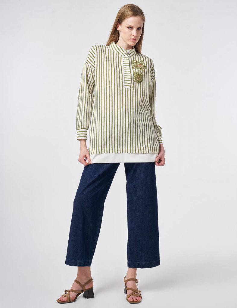 KAYRA Parlak Düğmeli Dik Yaka Pamuklu Bluz 70029 - MATCHA YEŞİLİ