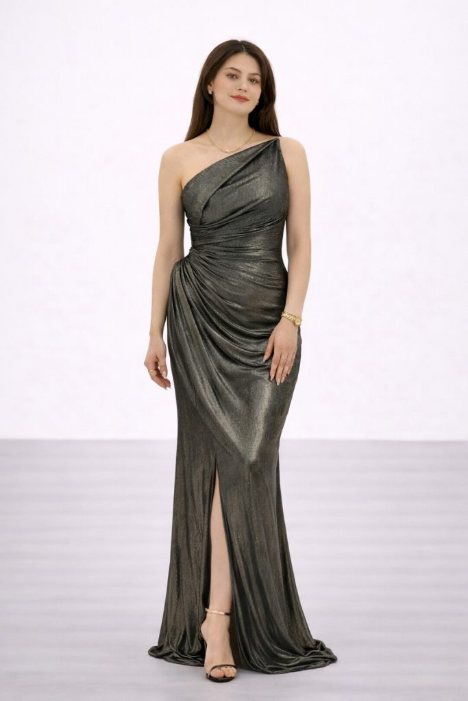 FOR COSTUME Bronz Metalik Görünümlü Tek Omuz Drapeli Abiye 10370 - HAKİ