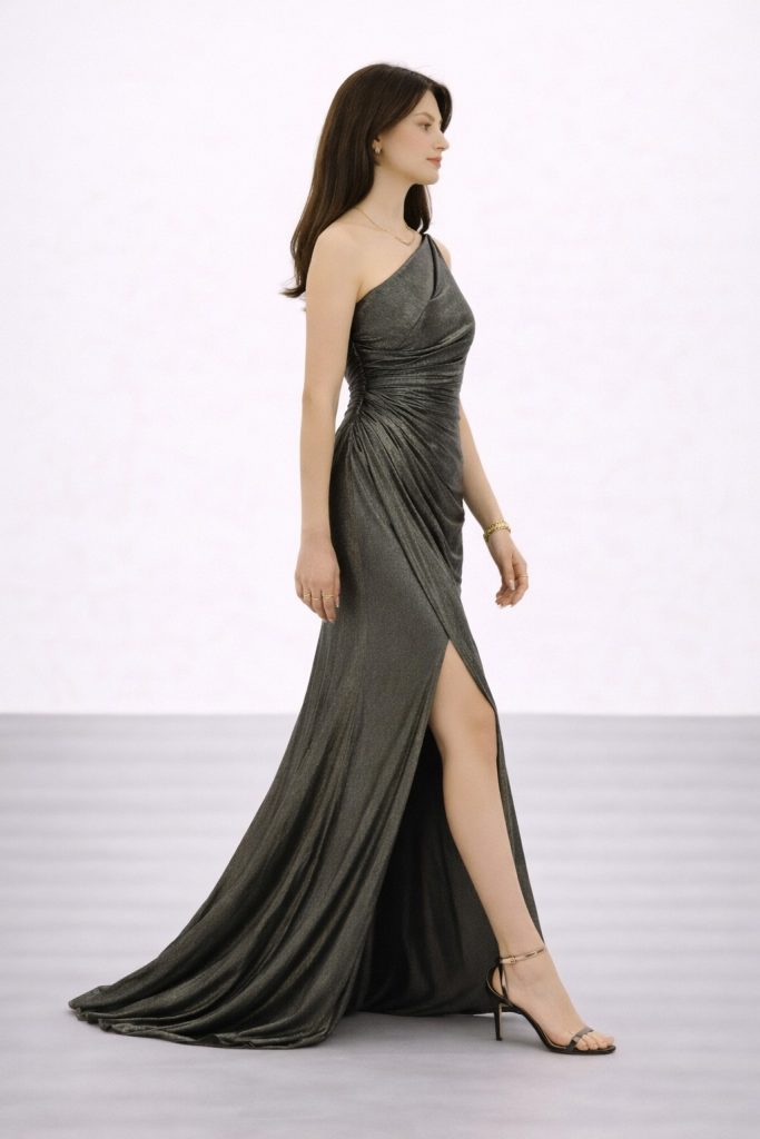 FOR COSTUME Bronz Metalik Görünümlü Tek Omuz Drapeli Abiye 10370 - HAKİ