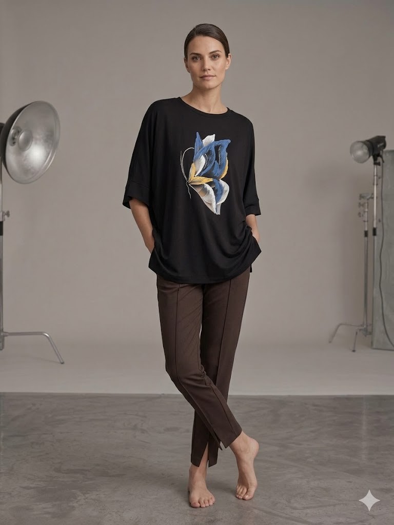 TOLGA SARAÇOĞLU Desenli Rahat Kesim Bluz 11057 - Siyah