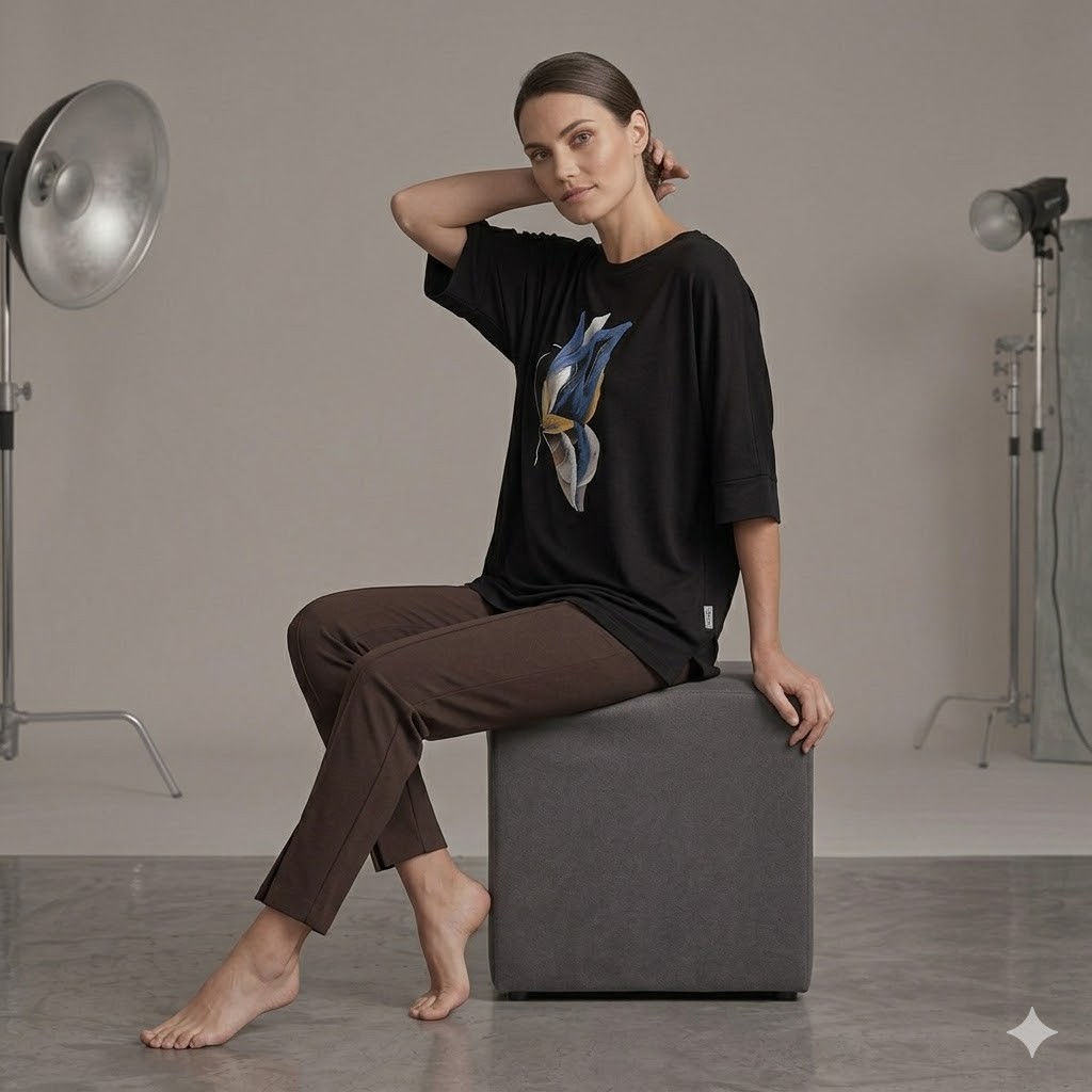 TOLGA SARAÇOĞLU Desenli Rahat Kesim Bluz 11057 - Siyah