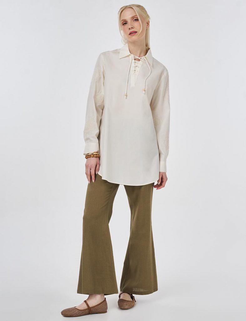 KAYRA %100 Pamuklu Bağcıklı Tunik 21119 - EKRU