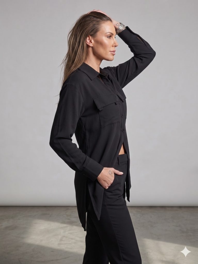 ALBA CHEEYA Göğüs Dekolteli Kapak Cepli Gömlek 6601 - Siyah