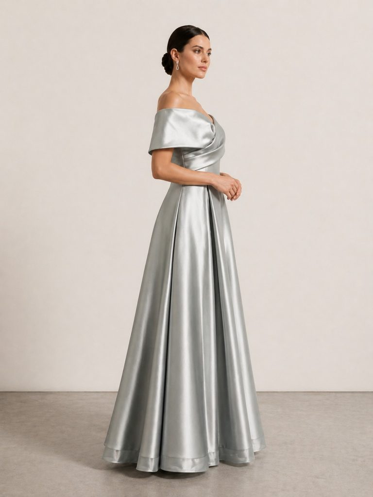 ŞEREF VURAL "Kadın Pudra Düşük Omuz Kruvaze Detaylı Saten Abiye Elbise" 8415 - HAKİ