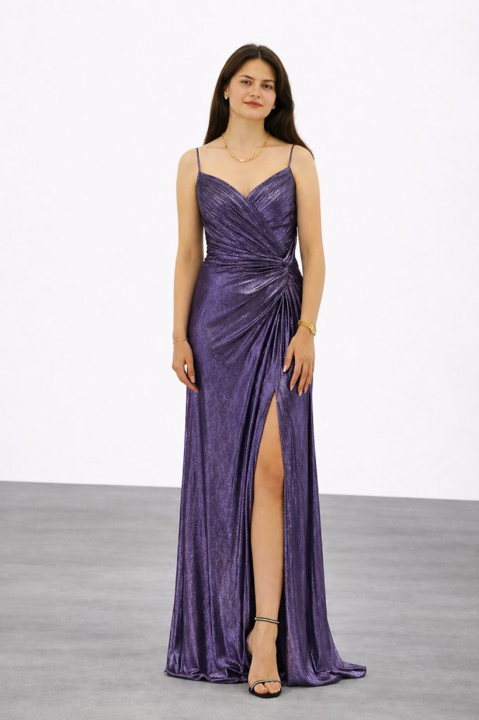 FOR COSTUME Yırtmaç Detaylı Abiye Elbise 10032 - Mor