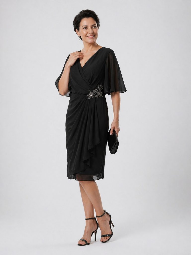 CENTİLMEN Kruvaze Yaka Drapeli Midi Elbise 40384 - Siyah