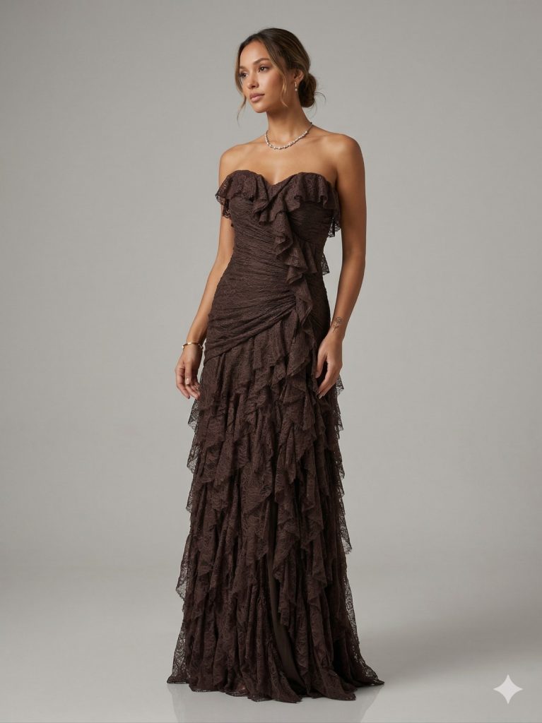 FOR COSTUME Işıltılı Asimetrik Fırfırlı Abiye 10429 - kahve