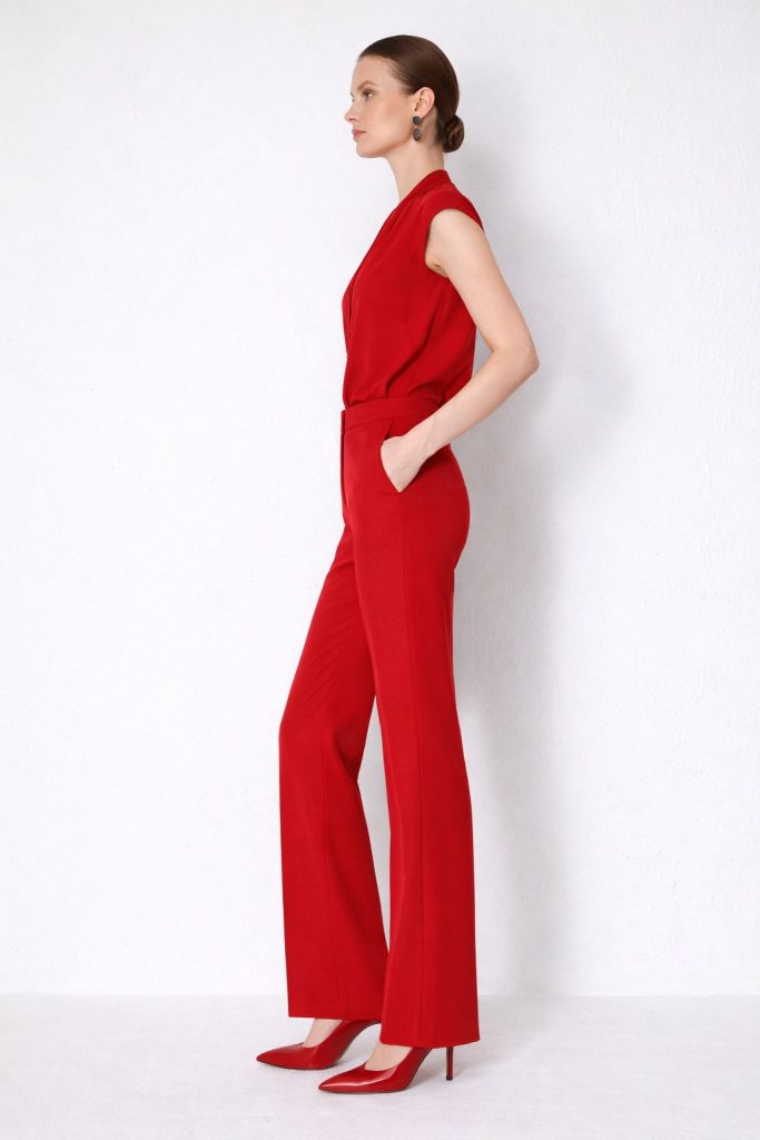 EKOL Yüksel Bel Düz Kesim Pantolon 1126 - KIRMIZI