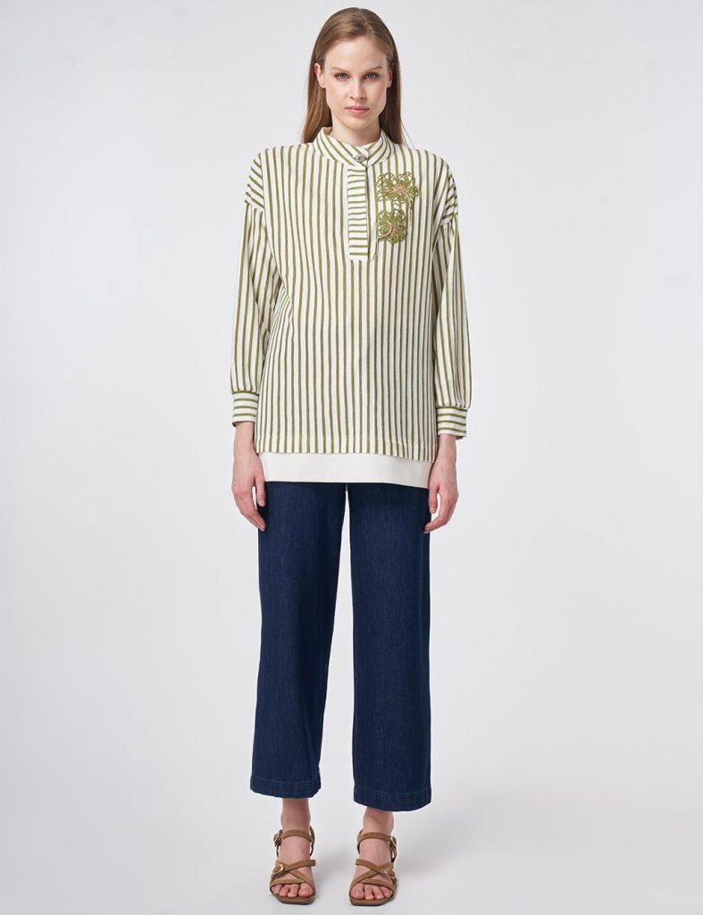 KAYRA Parlak Düğmeli Dik Yaka Pamuklu Bluz 70029 - MATCHA YEŞİLİ