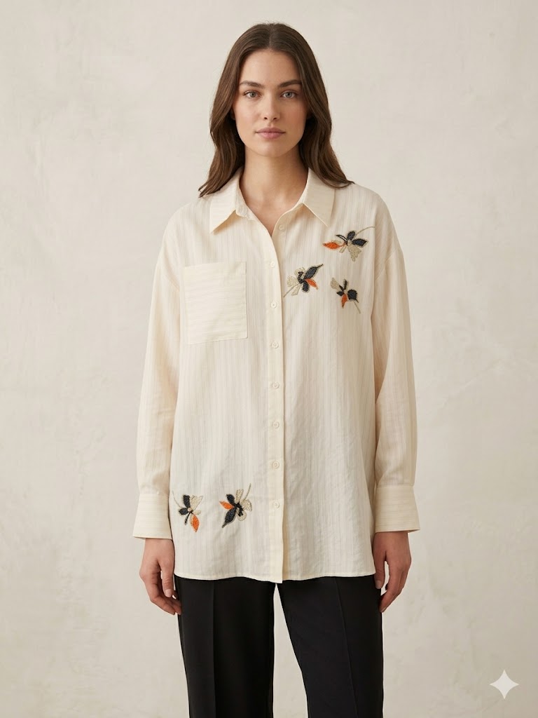 KAYRA Çiçek Detaylı Nakış İşlemeli Gömlek 11043 - KREM