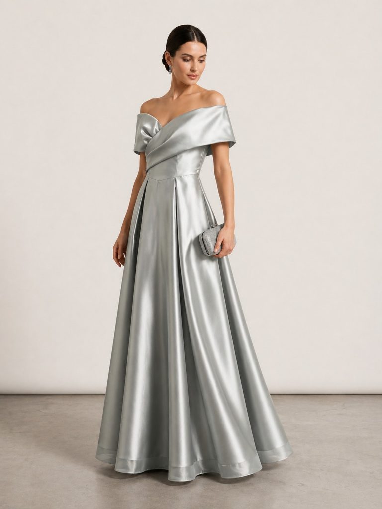 ŞEREF VURAL "Kadın Pudra Düşük Omuz Kruvaze Detaylı Saten Abiye Elbise" 8415 - HAKİ