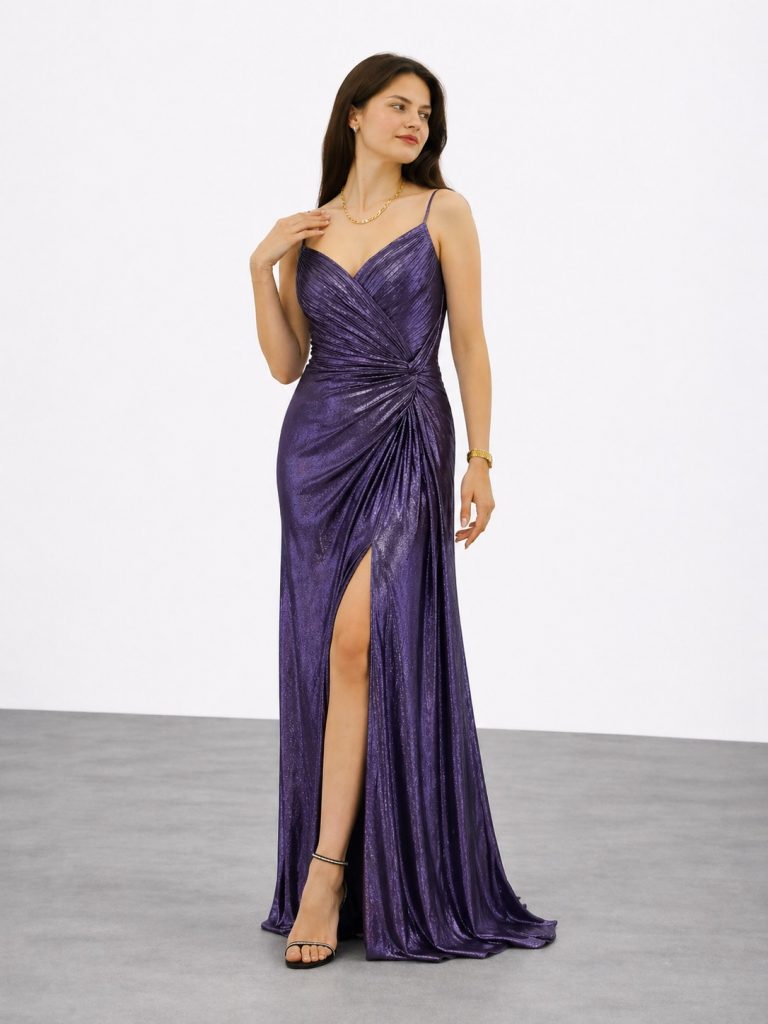 FOR COSTUME Yırtmaç Detaylı Abiye Elbise 10032 - Mor