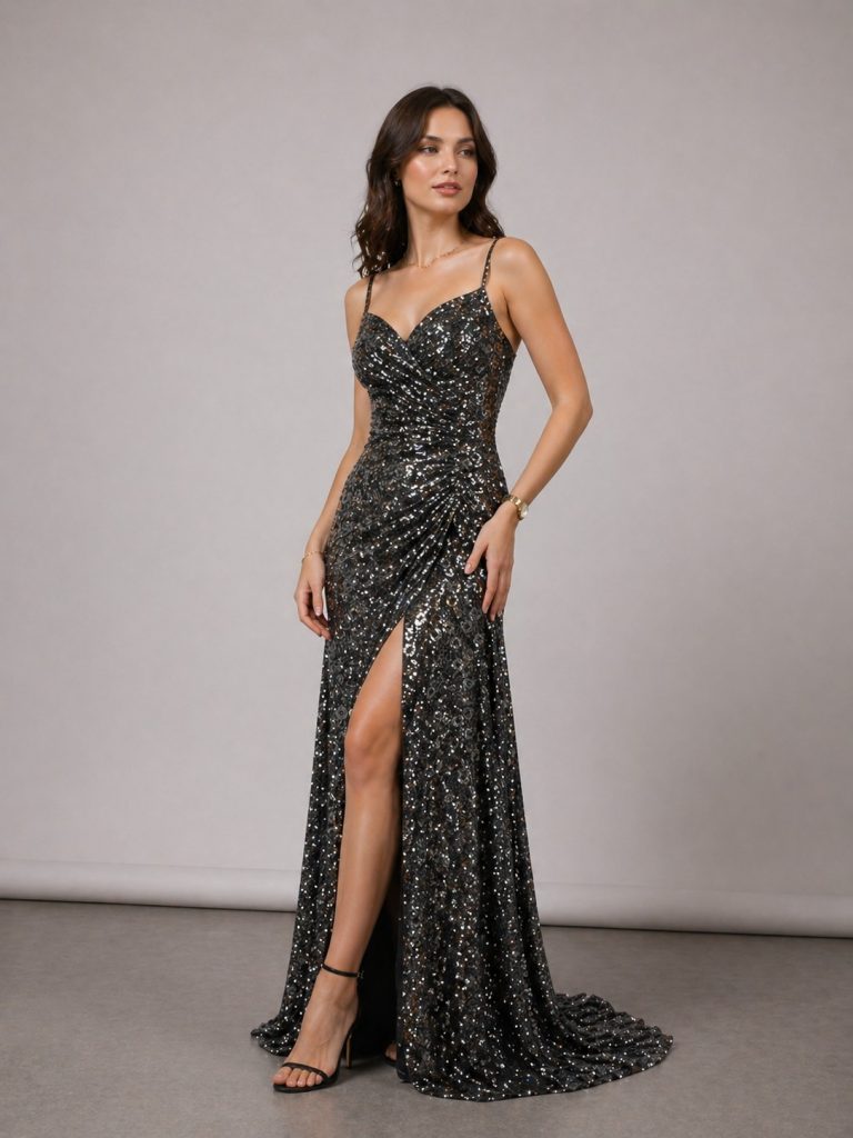 ŞEREF VURAL Tamamı İşlemeli Abiye Elbise 8393 - ANTRASİT