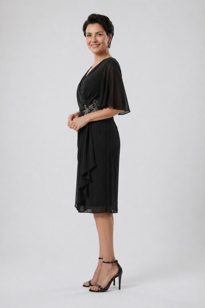 CENTİLMEN Kruvaze Yaka Drapeli Midi Elbise 40384 - Siyah