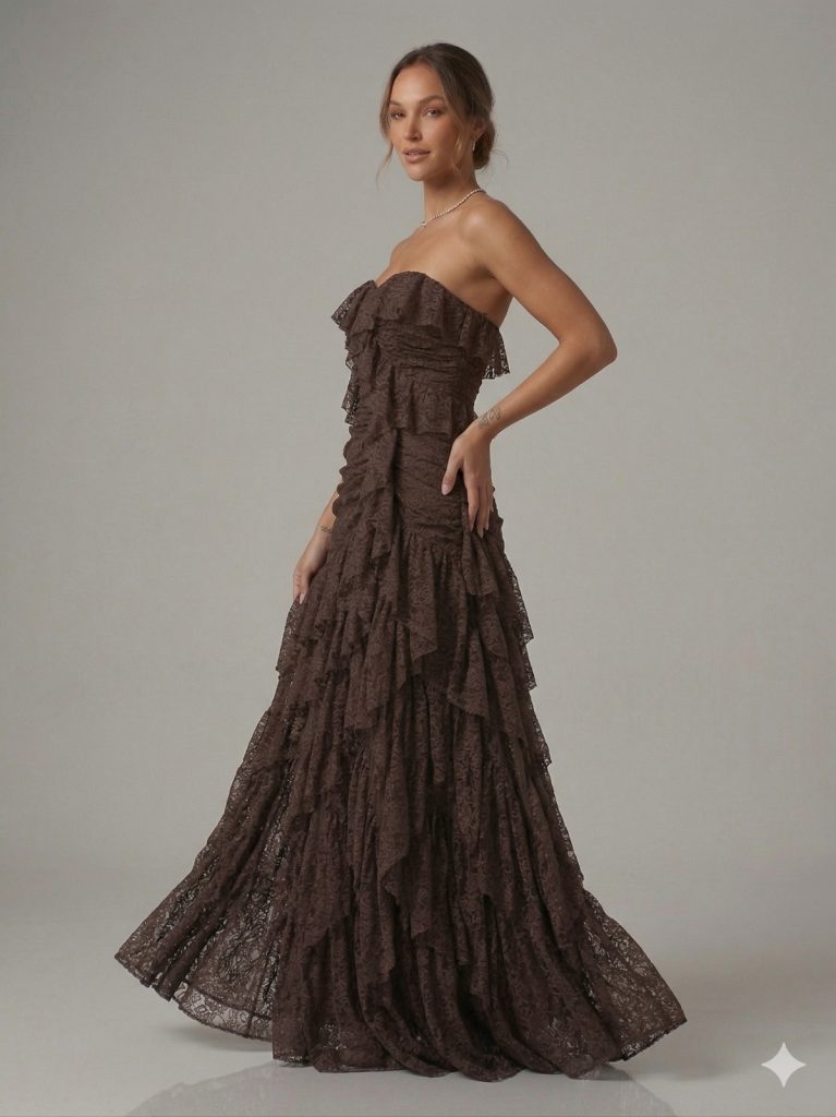 FOR COSTUME Işıltılı Asimetrik Fırfırlı Abiye 10429 - kahve