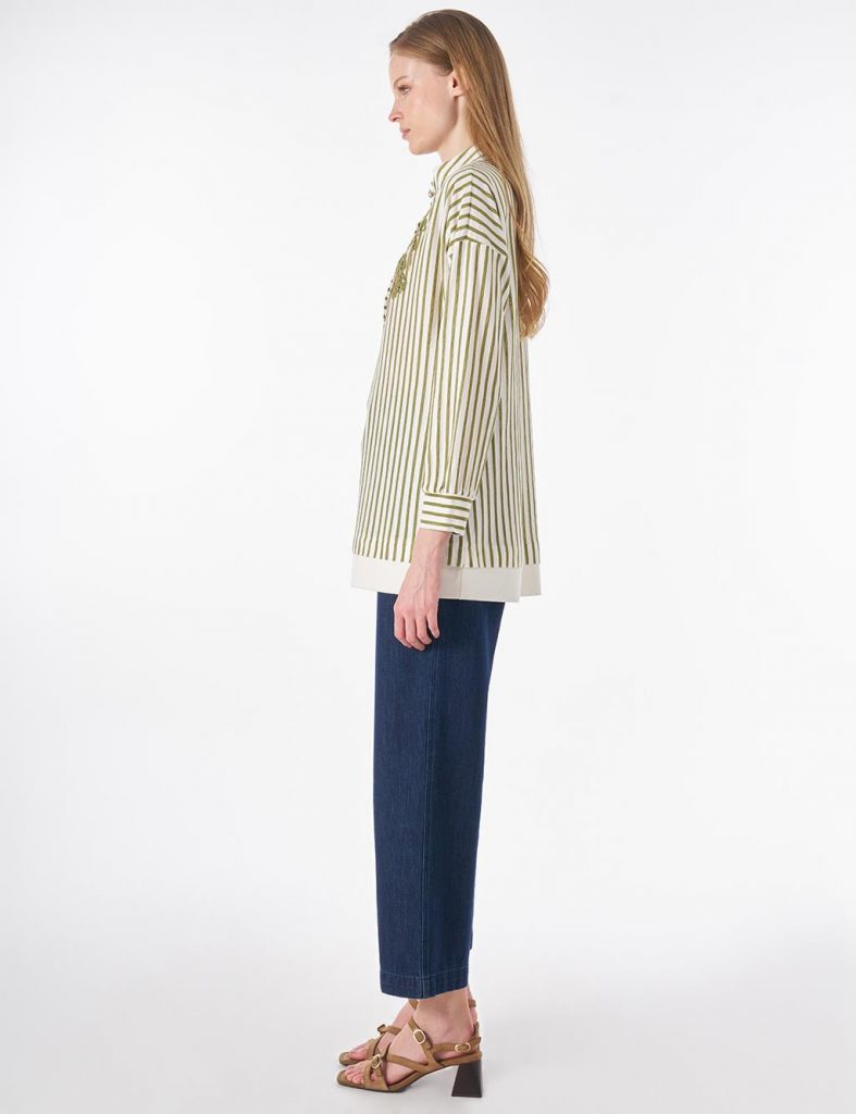 KAYRA Parlak Düğmeli Dik Yaka Pamuklu Bluz 70029 - MATCHA YEŞİLİ