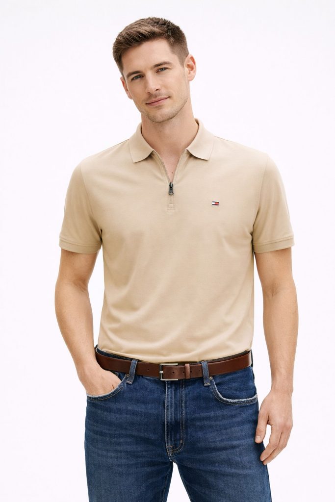 TOMMY HILFIGER Interlock Zip Reg Erkek Polo Tişört MW0MW42758RBT - BEJ