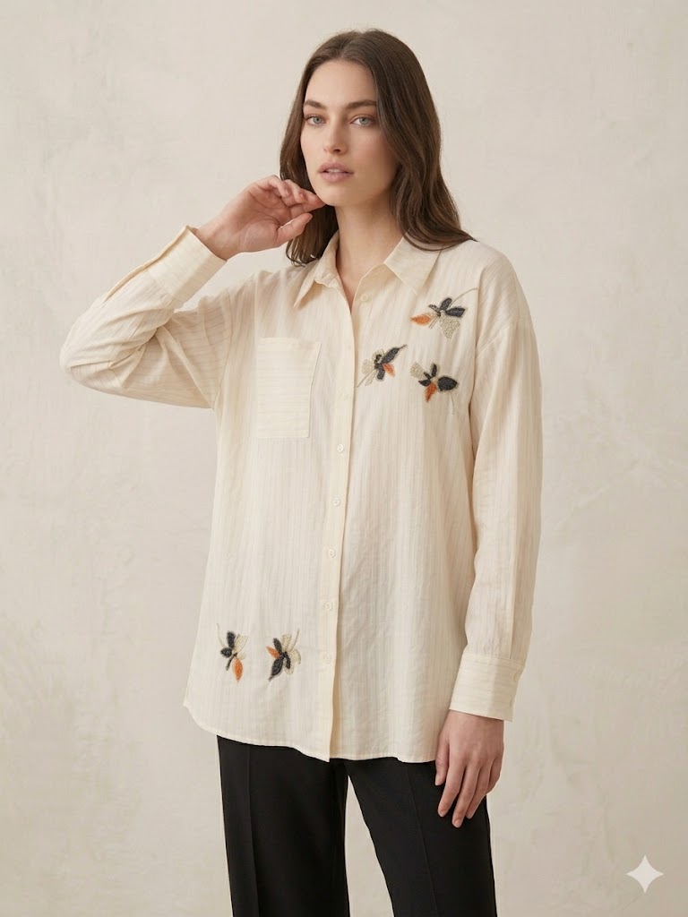 KAYRA Çiçek Detaylı Nakış İşlemeli Gömlek 11043 - KREM