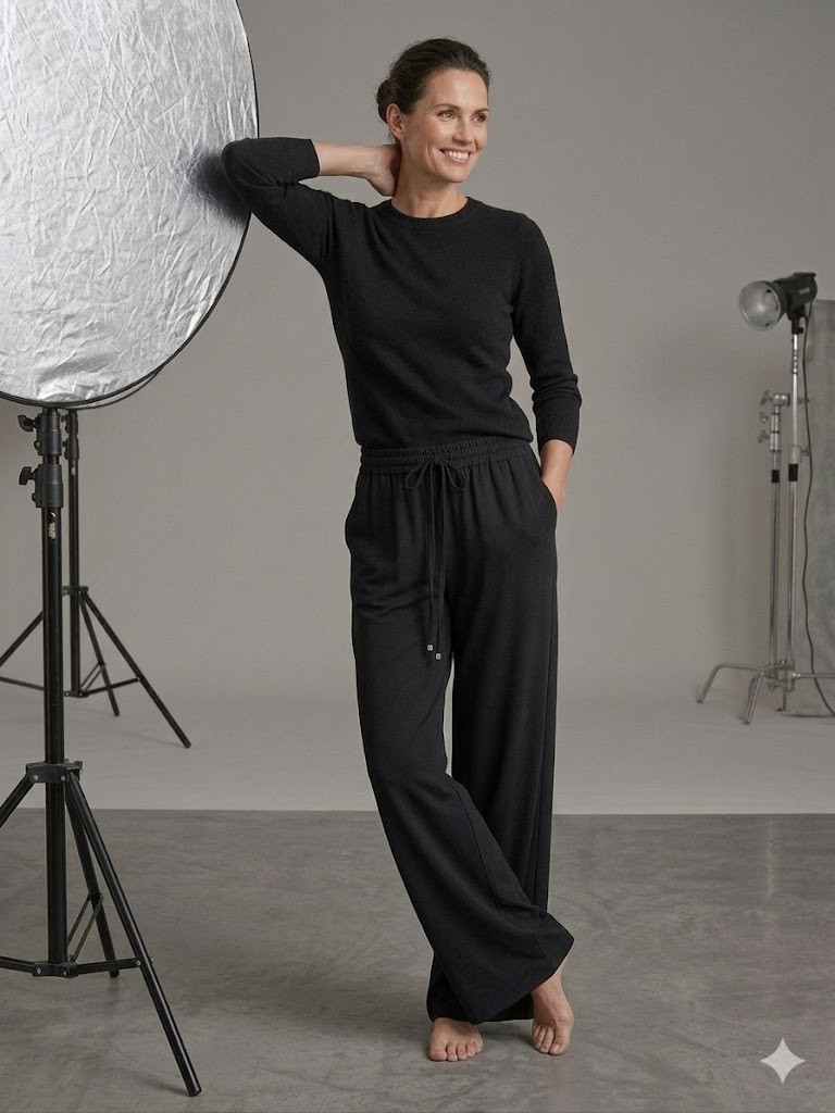 TOLGA SARAÇOĞLU Geniş Paça Örme Pantolon 30163 - Siyah