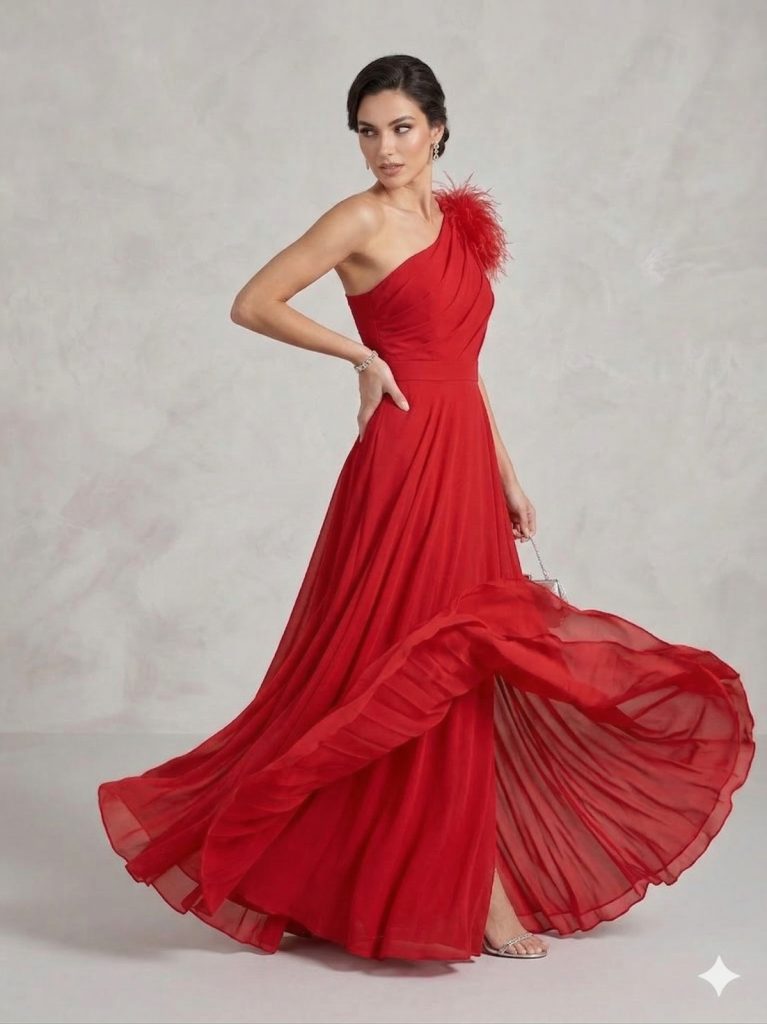 CENTİLMEN Omuz Tüy Detaylı Şifon Abiye 6046 - KIRMIZI