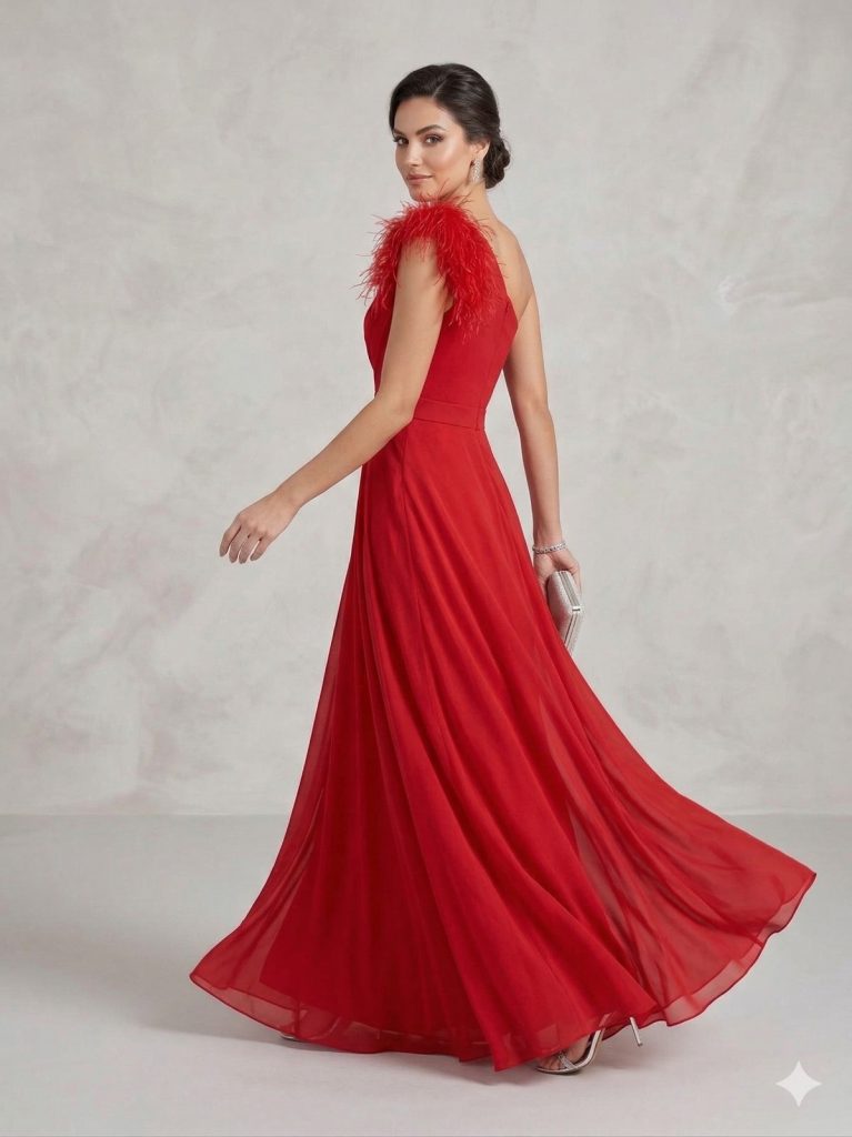 CENTİLMEN Omuz Tüy Detaylı Şifon Abiye 6046 - KIRMIZI