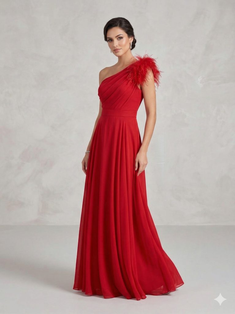 CENTİLMEN Omuz Tüy Detaylı Şifon Abiye 6046 - KIRMIZI