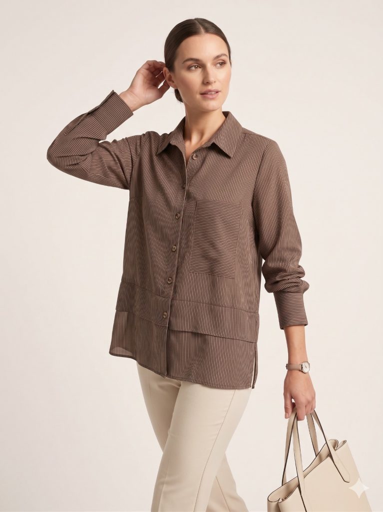 DOSSO DOSSİ  Ön Cep Detaylı Çizgili Gömlek 3896 - kahve