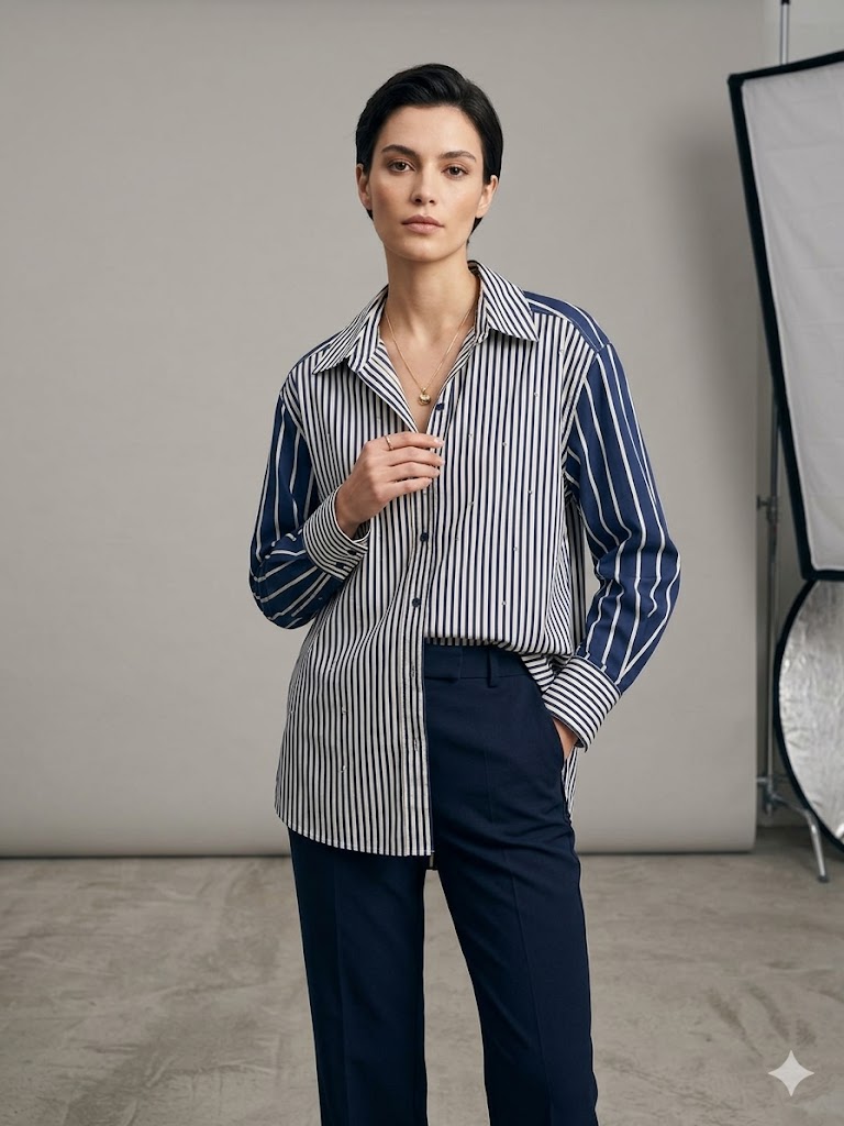 GİLDA Taş İşlemeli Çizgli Gömlek 40352 - Lacivert