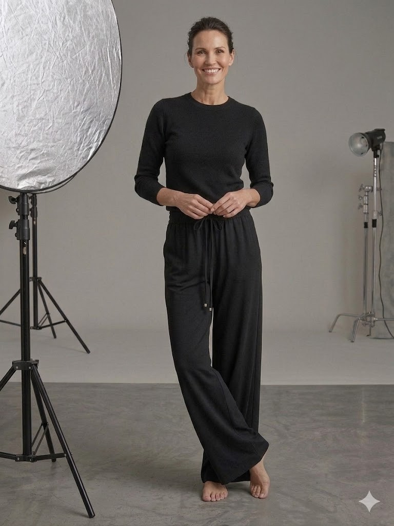 TOLGA SARAÇOĞLU Geniş Paça Örme Pantolon 30163 - Siyah