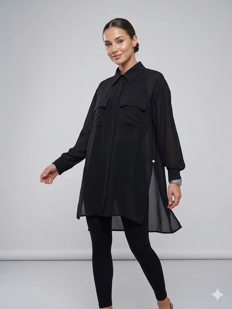 ALBA CHEEYA Göğüs Dekolteli Kapak Cepli Gömlek 6601