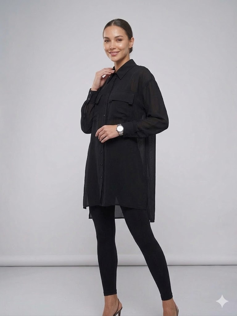 ALBA CHEEYA Göğüs Dekolteli Kapak Cepli Gömlek 6601 - Siyah