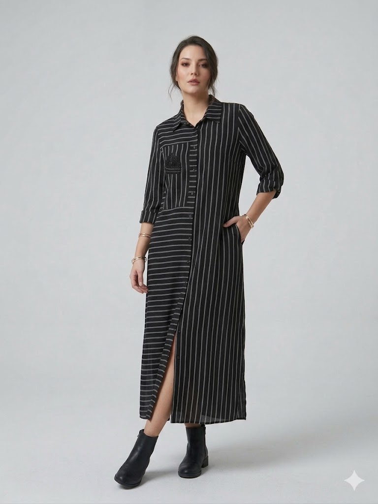 ALBA DALİDA Cep Detaylı Çizgili Elbise 51719 - Siyah