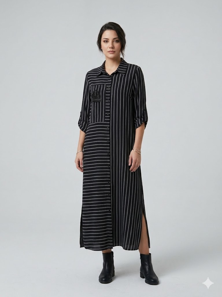ALBA DALİDA Cep Detaylı Çizgili Elbise 51719 - Siyah