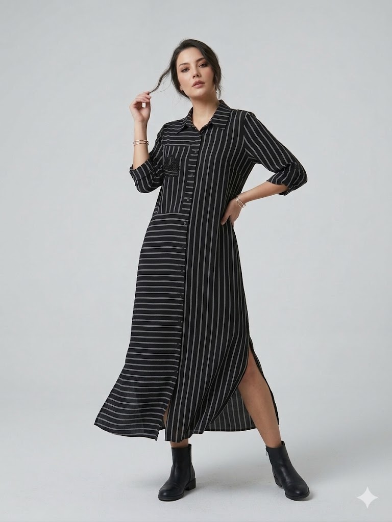ALBA DALİDA Cep Detaylı Çizgili Elbise 51719 - Siyah