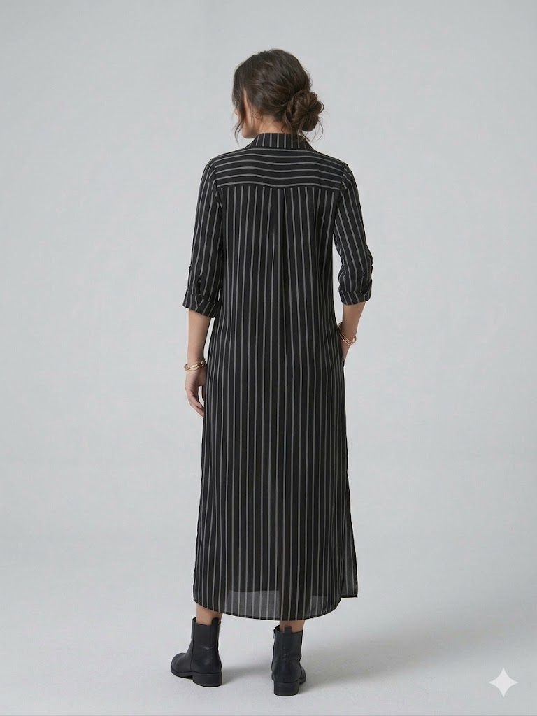 ALBA DALİDA Cep Detaylı Çizgili Elbise 51719 - Siyah