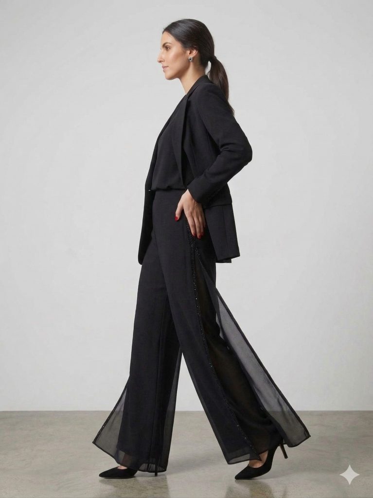 ALBA DALİDA Şifon Detaylı Yanları Taşlı Pantolon 51301 - Siyah